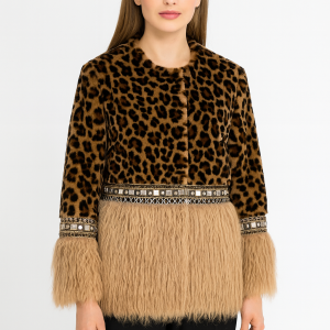 Leopard Print Fur Coat with Embellished Trim and Beige Panels