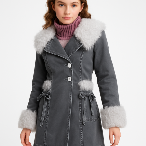 Fur Trimmed Denim Coat with Tie Waist – Y2K Winter Outerwear