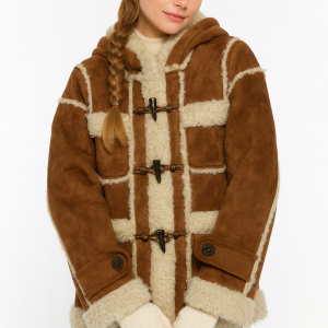 Y2K Toggle Shearling Coat with Hood – Brown & Cream Fur Jacket