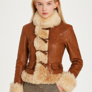 Y2K Cropped Leather Jacket with Shearling Trim & Toggle Front