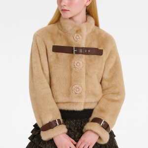 Y2K Cropped Faux Fur Jacket with Leather Buckle Straps