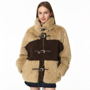 Two-Tone Faux Fur Toggle Y2K Jacket – Brown & Caramel Mix