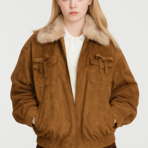 Y2K Suede Bomber Jacket with Faux Fur Collar and Bows
