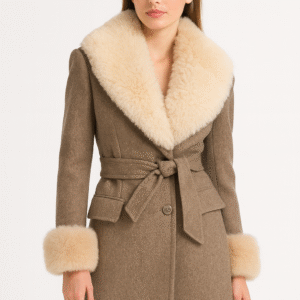 Vintage-Inspired Wool Coat with Shearling Collar & Cuffs