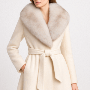 Elegant Wool Trench Coat with Plush Fox Fur Collar Trim