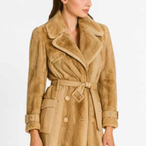 Camel Faux Fur Belted Trench Coat Office Lady OutWear