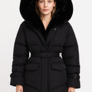 Black Belted Puffer Coat with Oversized Fur Hood Trim