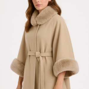 Wool Cape Coat with Fur Trim Collar & Cuffed Sleeves