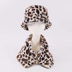 Leopard Print Faux Fur Bucket Hat & Zippered Scarf Set – Bold Winter Style for Trendsetters