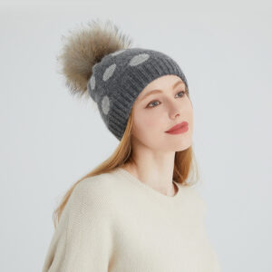 Angora Polka Dot Knit Beanie with Real Raccoon Fur Pom – Whimsy Meets Warmth