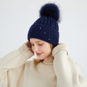 Angora Knit Beanie with Crystal Embellishments & Real Raccoon Fur Pom – Winter Sparkle Series