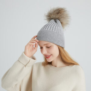 Classic Ribbed Knit Beanie with Real Raccoon Fur Pom – Essential Winter Staple