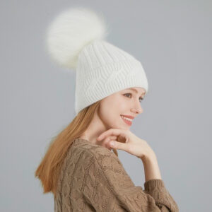 Angora Knit Beanie with Detachable Genuine Raccoon Fur Pom – Winter Elegance Redefined