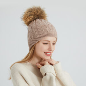 Cable Knit Wool Beanie with Genuine Raccoon Fur Pom – Classic Winter Charm