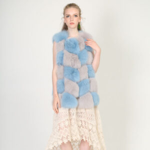 Long Patchwork Real Fox Fur Vest – Blue & Grey Luxe Harmony