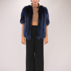 Elegant Navy Blue Real Fox Fur Coat – Short Style