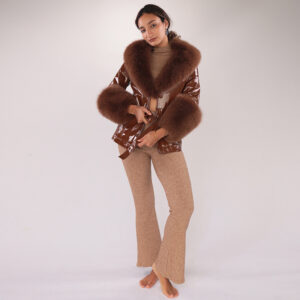 Glossy Brown Sheepskin Coat with Real Fox Fur – Luxe Outerwear