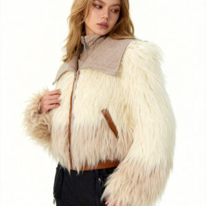 Long Hair Faux Fur Gradient Jacket with Contrast Collar Detail