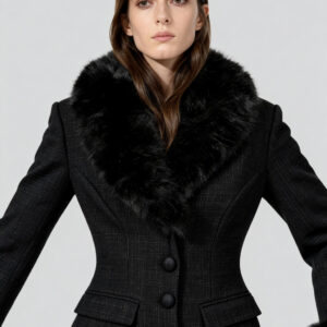 Tailored Black Wool Blazer with Faux Fur Collar & Cuffs