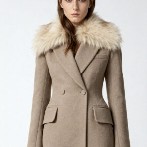 Camel Wool Coat with Dramatic Fox Fur Collar for Executives