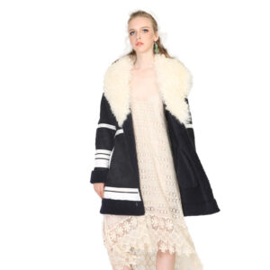 Shearling Bomber Coat with White Tan Wool Collar – Designer Statement Piece