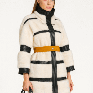Contrast Paneled White Faux Fur Coat with Leather Trim