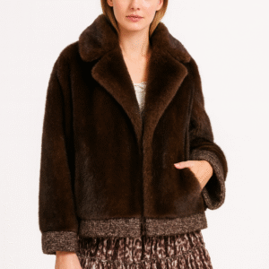 Retro Chocolate Faux Fur Coat with Tweed Trim Accents