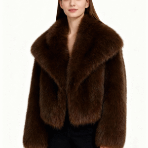 Deep Brown Faux Fur Cropped Jacket – Bold Elegance, Guilt-Free Warmth