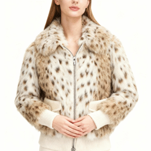 Spotted Faux Fur Bomber Jacket with Ribbed Knit Trim