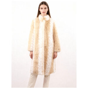 Striped Beige & White Long Faux Fur Coat