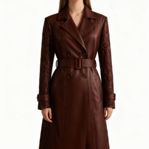 Vegan Leather Trench Coat with Floral Lace Sleeves – Elegant Sustainable Statement