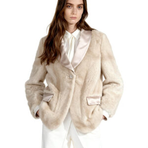 Beige Faux Mink Blazer Jacket Tailored Office Elegance