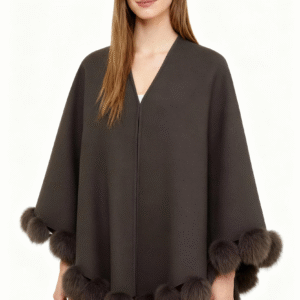 Wool Cloak Shawl with Real Fox Fur Pom-Poms – Playful Elegance in Motion