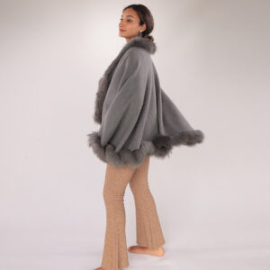 Charcoal Wool Cloak with Raccoon Fur Trim – Luxurious Shawl-Style Cape