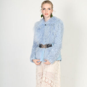 Light Blue Textured Wool Coat with Waist Belt