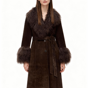 Suede Belted Coat with Faux Fur Collar & Cuffs – Retro Luxe Redefined