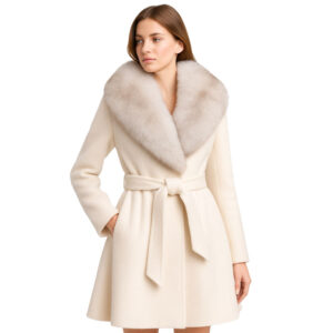 Elegant Wool Trench Coat with Plush Fox Fur Collar Trim