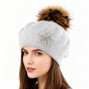 Genuine Raccoon Fur Pom Beaded Angora Beret – Elegant Parisian Style for Cold Seasons