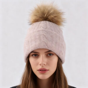 Genuine Raccoon Fur Pom Cable Knit Wool Hat – Timeless Warmth for Winter Collections