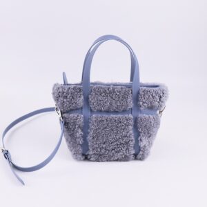 Premium Lamb Fur & Leather Tote – K-Style Soft Grid Texture in Lavender Blue