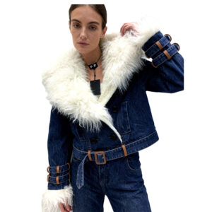 Cropped Denim Aviator Jacket with Luxe White Faux Fur Trim