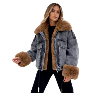 Washed Black Denim Parka with Plush Brown Faux Fur