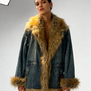 Longline Vintage Denim Jacket with Honey Faux Fur Trim
