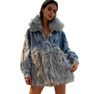 Oversized Hybrid Denim Parka with Long Grey Faux Fur