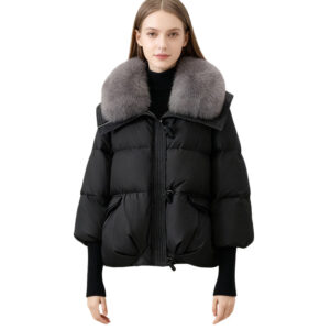 Elegant Black Down Jacket with Plush Fox Fur Collar