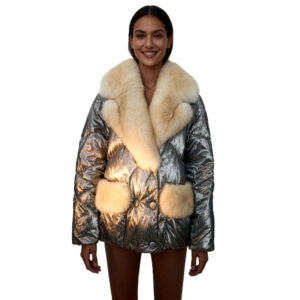Metallic Silver Down Jacket with Cream Fox Fur Trim