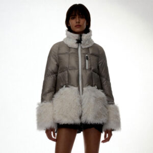 Taupe Down Jacket with White Shearling Trim