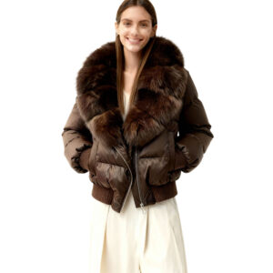Cropped Brown Down Bomber with Rich Fox Fur Collar