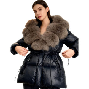 Glossy Black Down Jacket with Oversized Fox Fur Collar