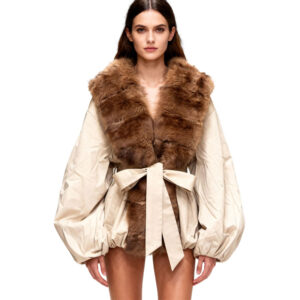 Champagne Down Jacket with Faux Fur Shawl Collar